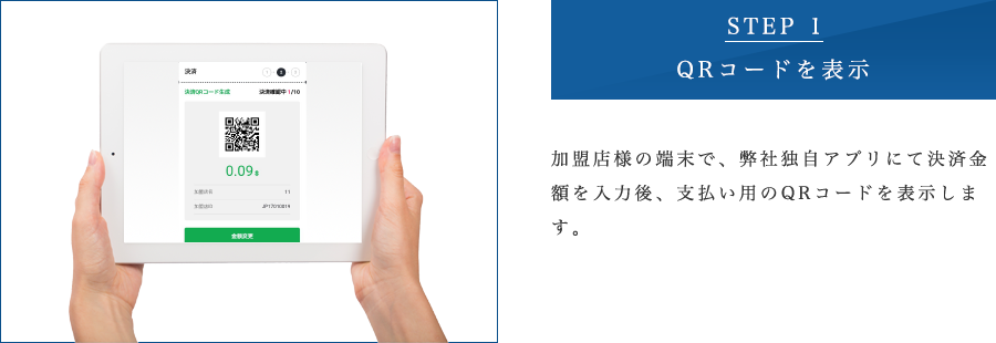 STEP 1 加盟店様の端末で、弊社独自アプリにて決済金額を入力後、支払い用のQRコードを表示します。